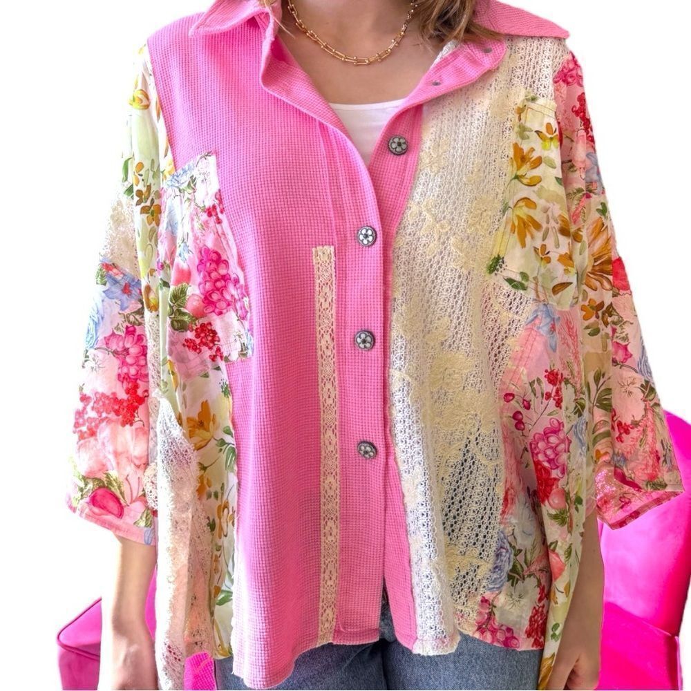 POL Pink Oversize Top Crochet Boho Lace Patchwork Contrast Size MEDIUM NEW - Picture 6 of 9